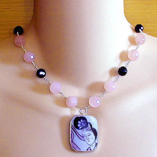 Ming Pottery Shard Necklace w/ Rose Quartz & Onyx